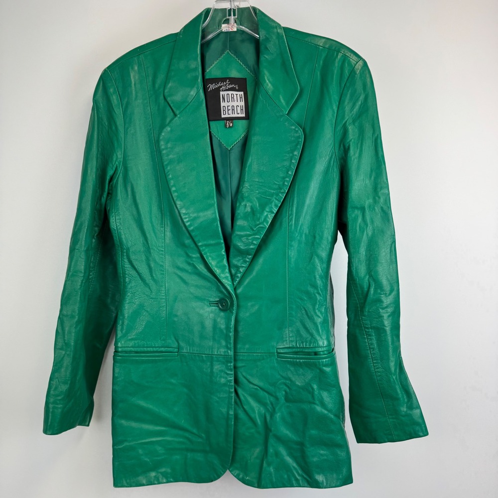 Michael Hoban North Beach Green Leather Blazer Jacket‎ Vintage Womens Size 7/8
